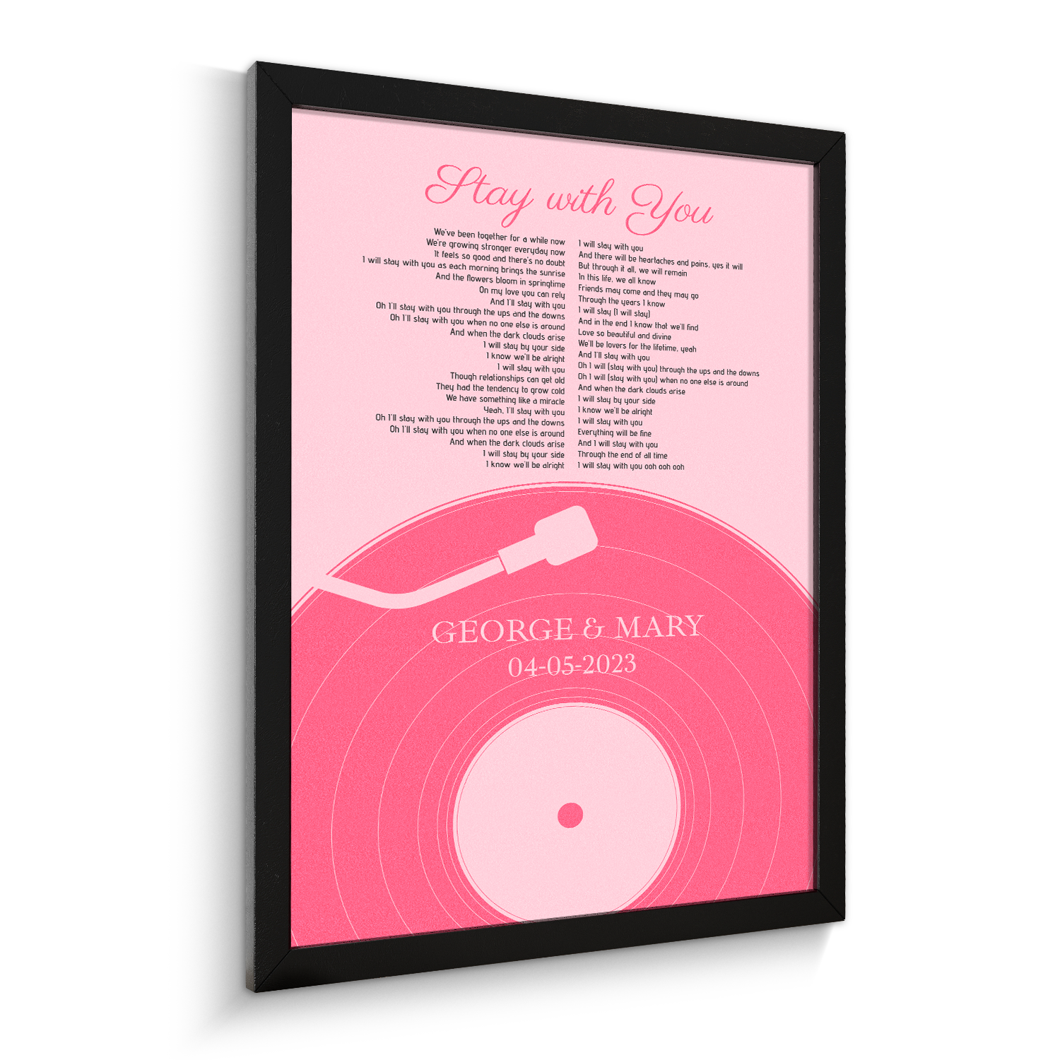 Pastel Pink Vinyl Record Framed Art Print, Customize Song Lyrics & Name