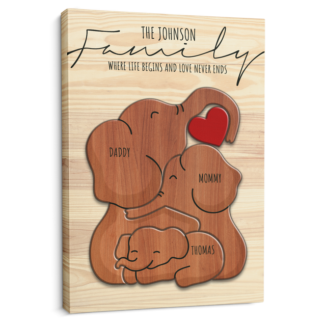 Wooden Elephant Family Puzzle on Canvas, Custom Family Name