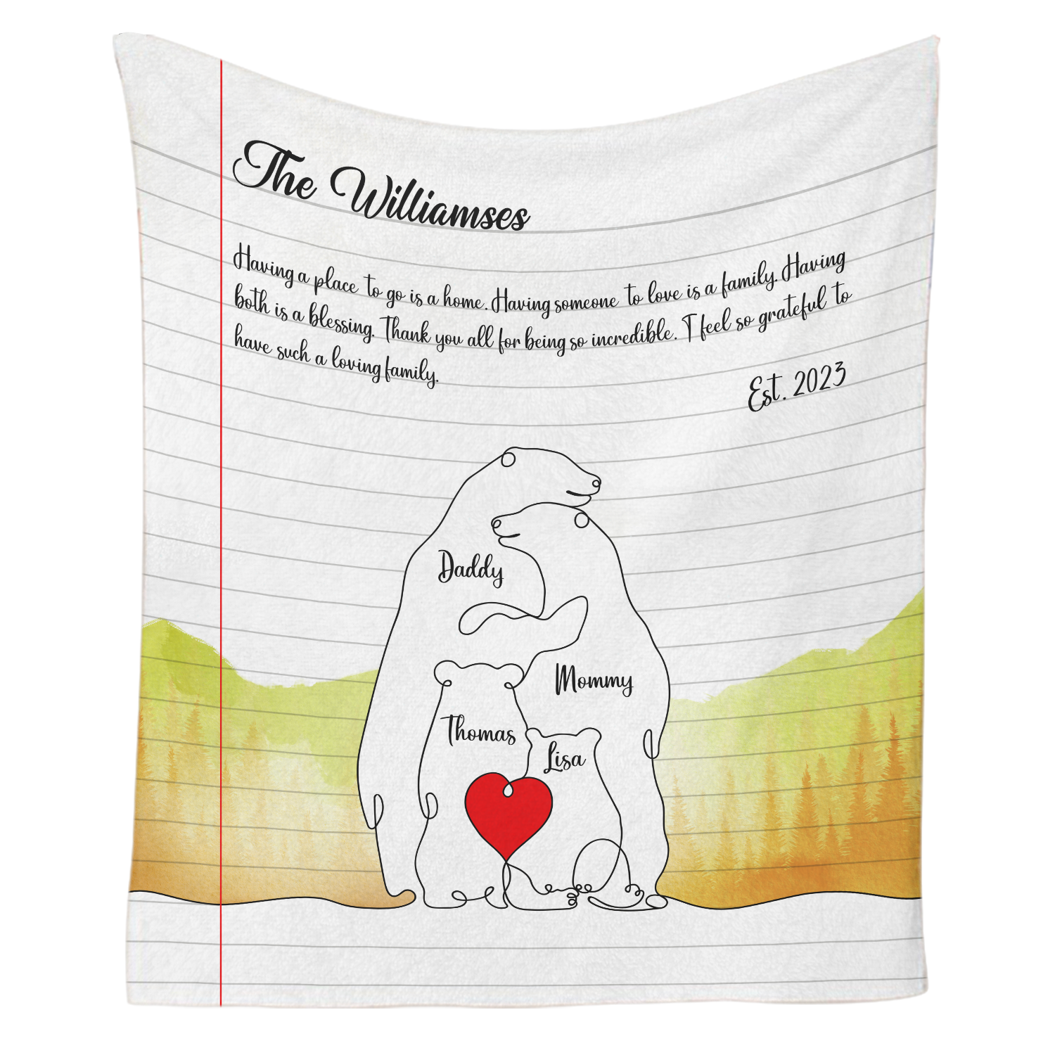 One Line Art Polar Bear Family Puzzle Blanket, Custom Family Name & Date