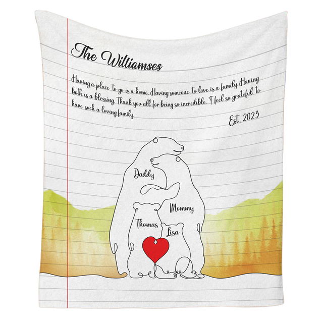 One Line Art Polar Bear Family Puzzle Blanket, Custom Family Name & Date