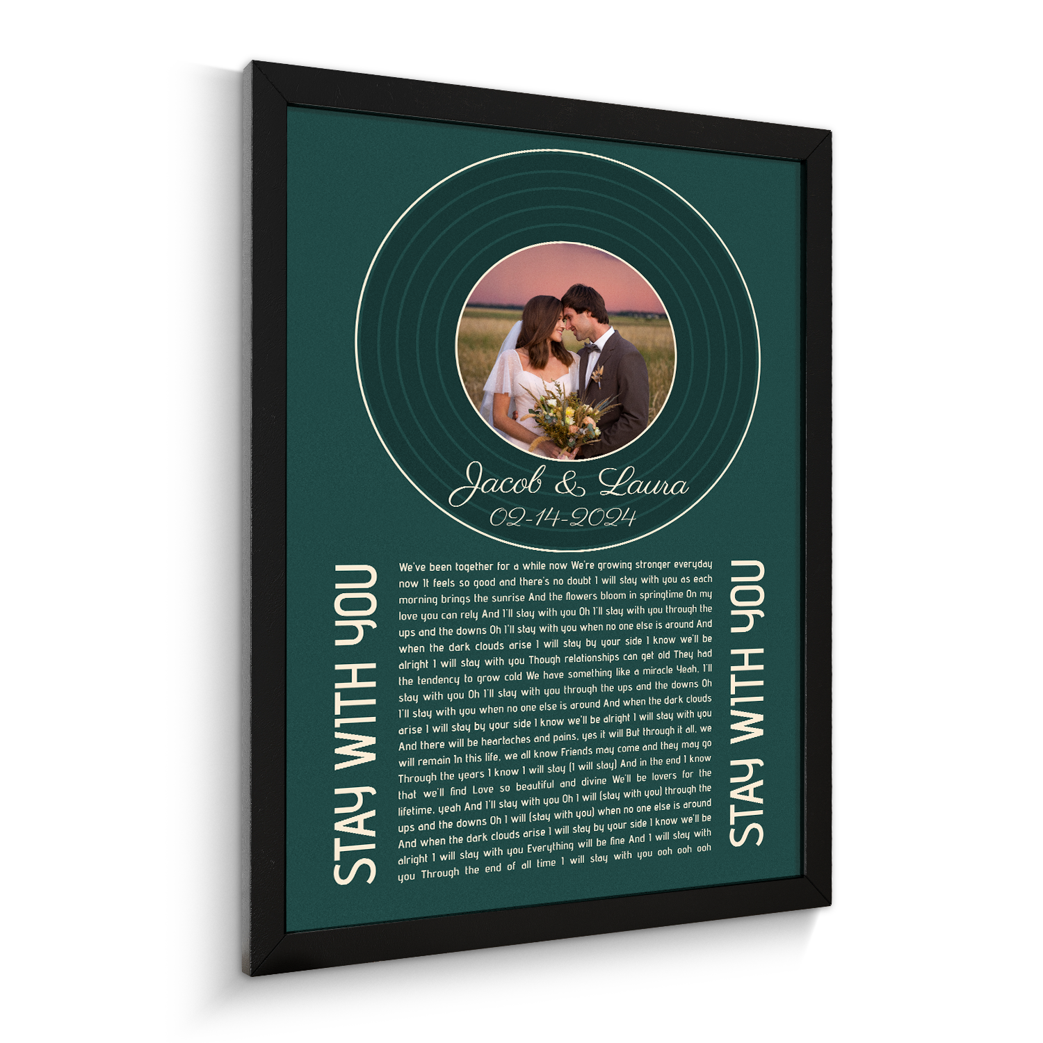 Forest Green Circular Photo Framed Art Print, Custom Song Lyrics Name Date