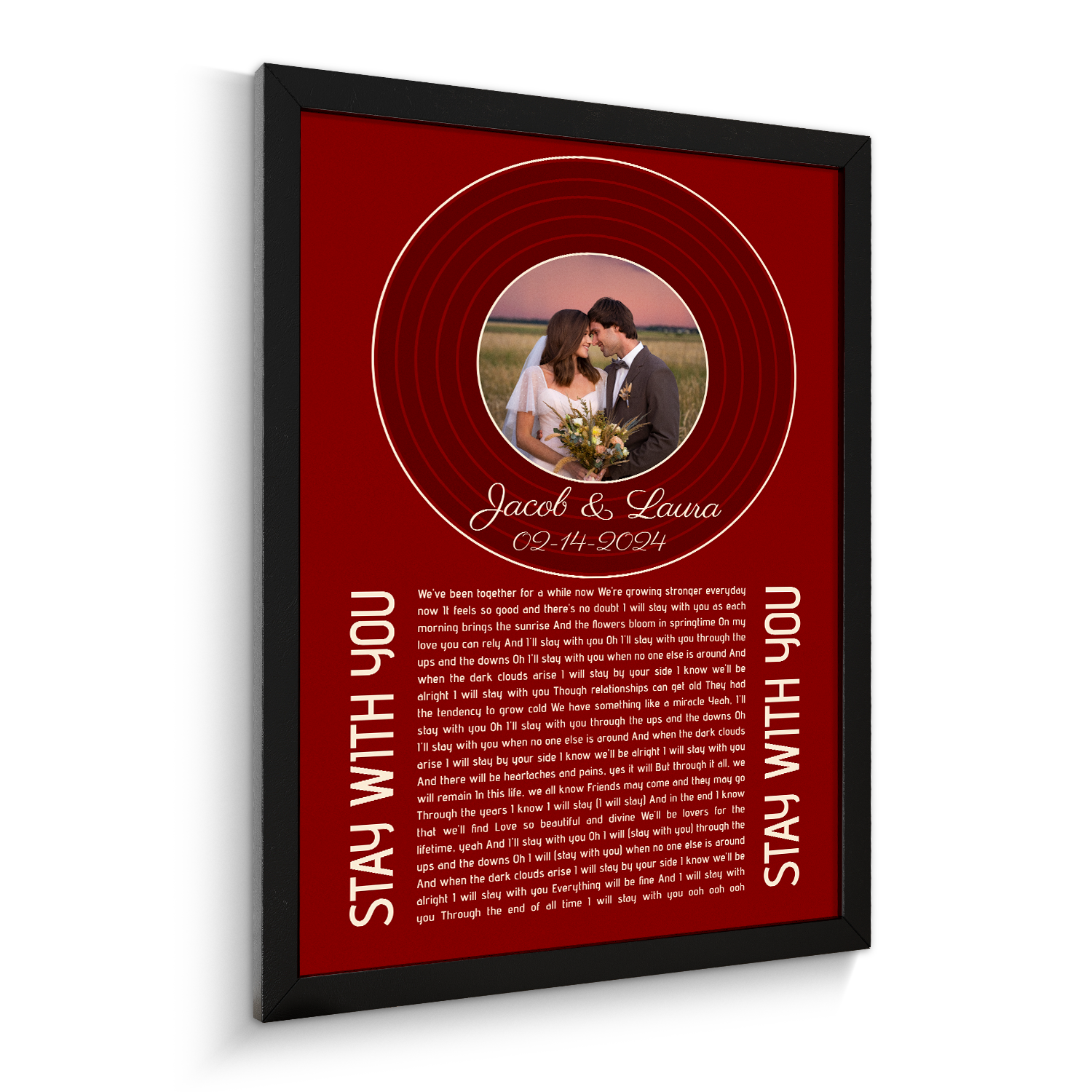 Retro Maroon Framed Art Print, Custom Song Lyrics Name Date