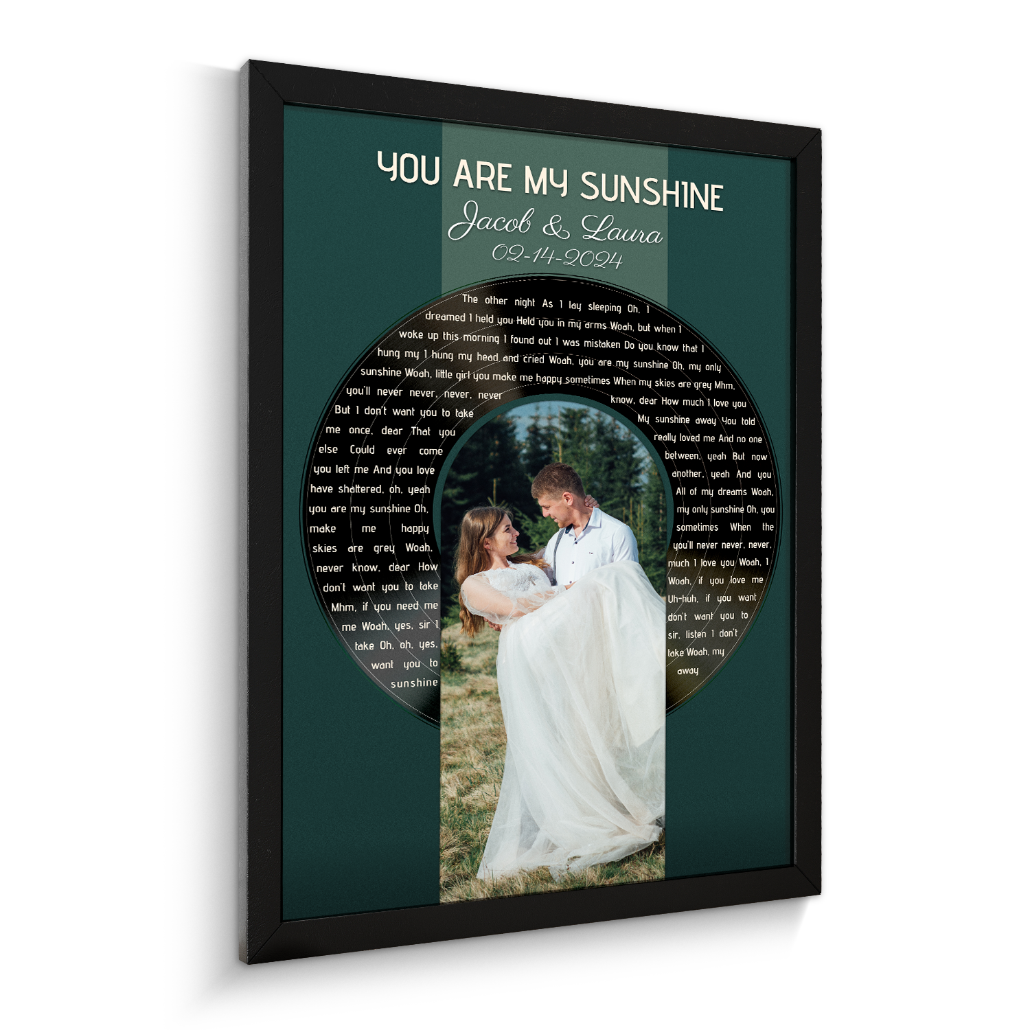 Photo Song Lyrics Vintage Green Framed Art Print, Custom Song Lyrics Name Date