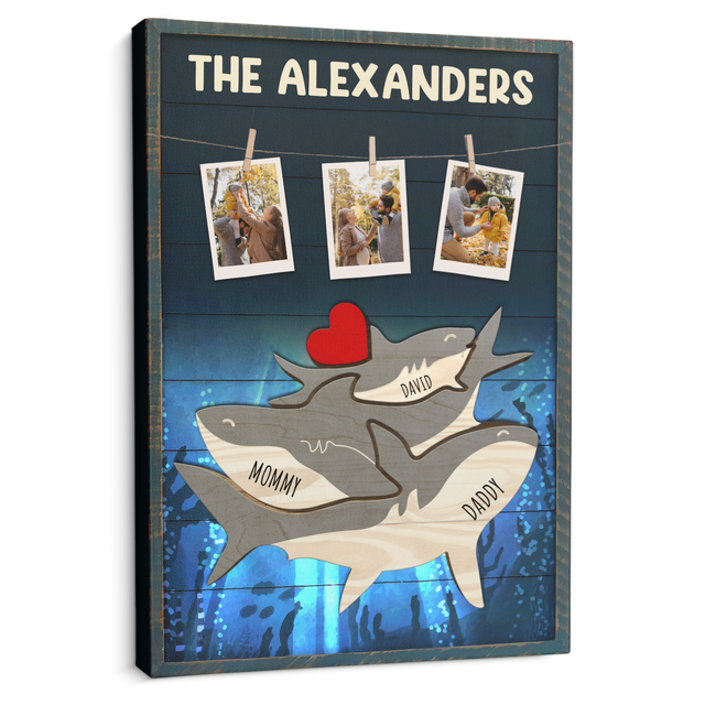 Personalized Shark Galaxy Canvas, Shark Family Puzzle Style, Custom Family Name