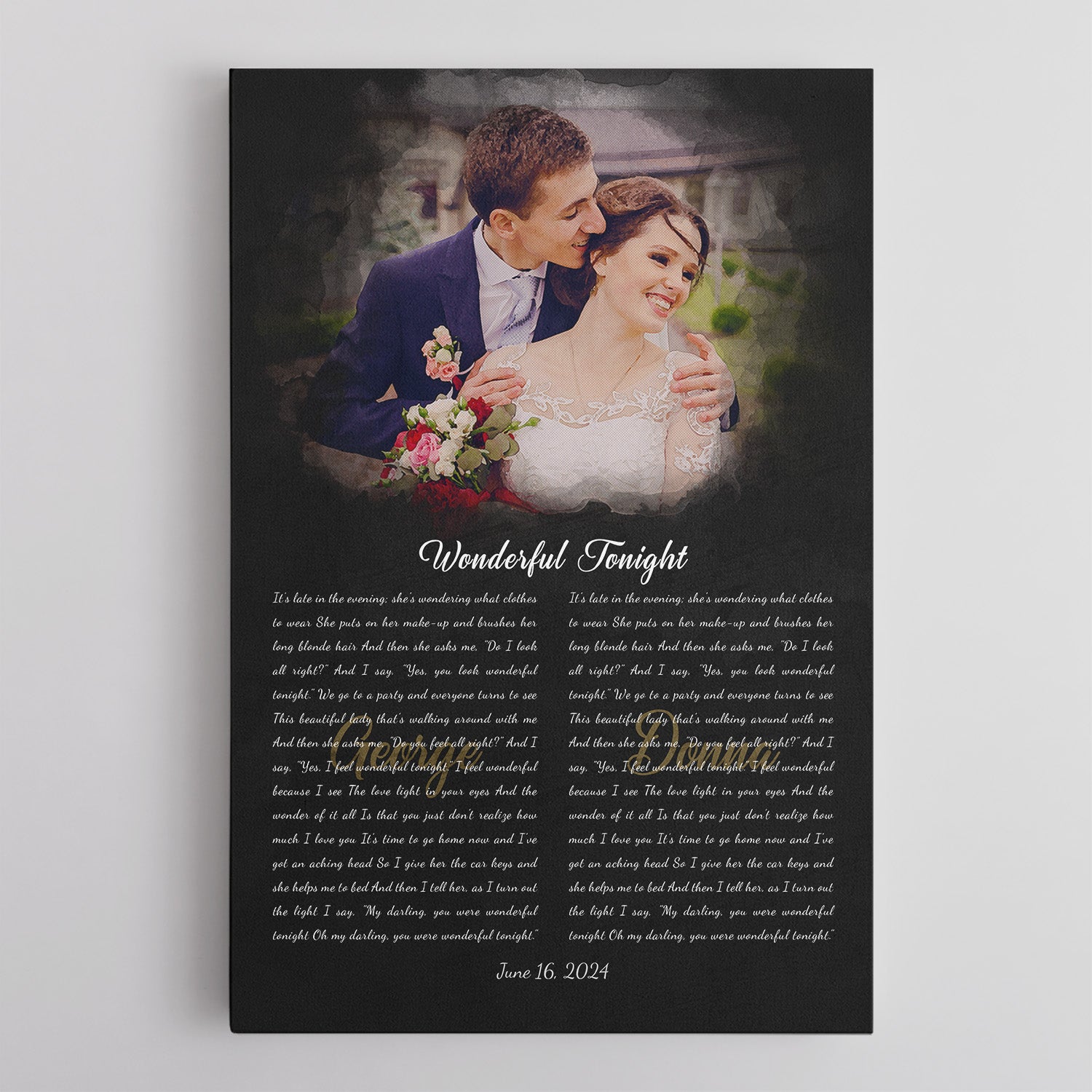 Custom Wedding Vows or Song Lyrics Canvas, Couple Portrait Art