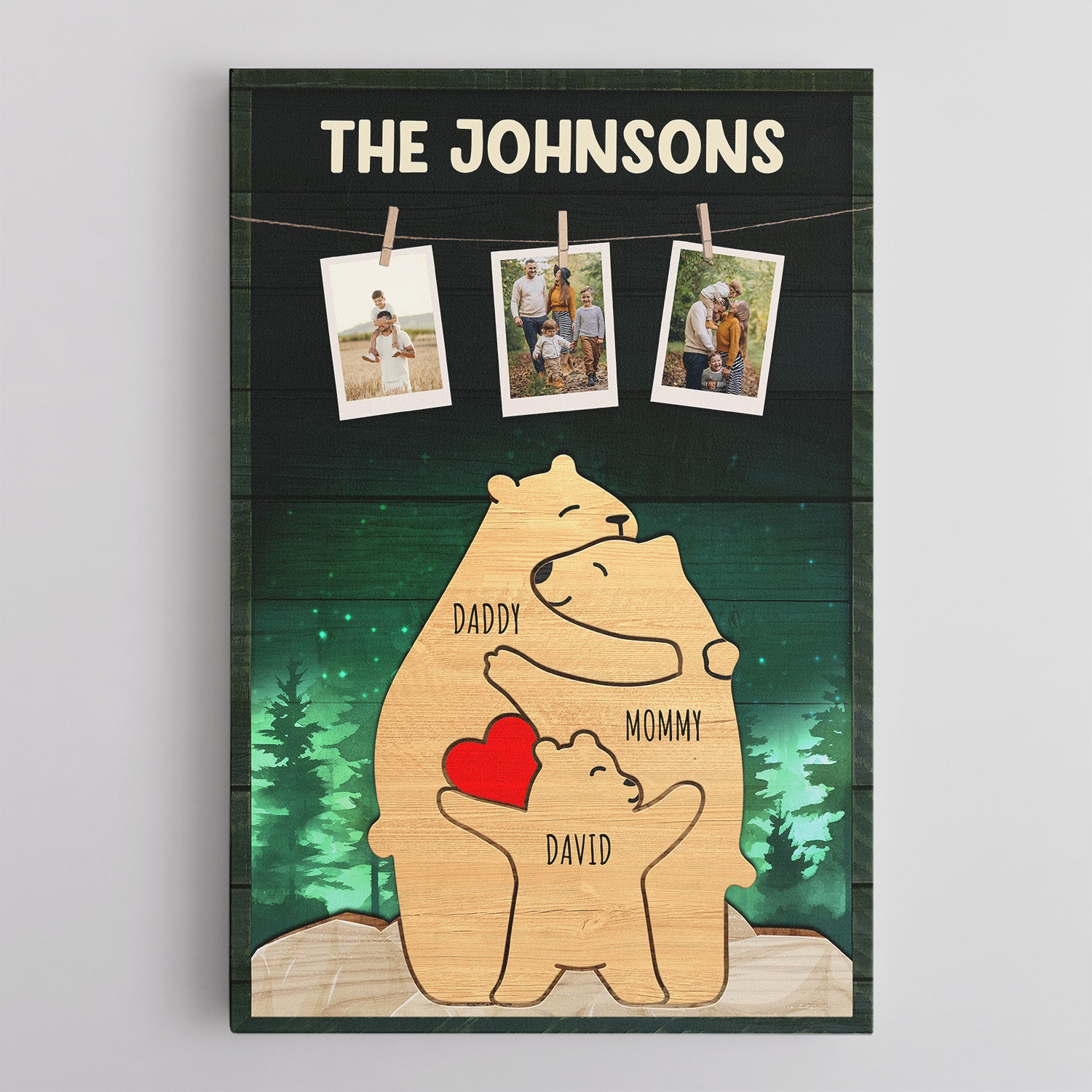 Personalized Bear Galaxy Canvas, Bear Family Puzzle Style, Custom Family Name