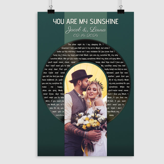 Photo Song Lyrics Vintage Green Framed Art Print, Custom Song Lyrics Name Date