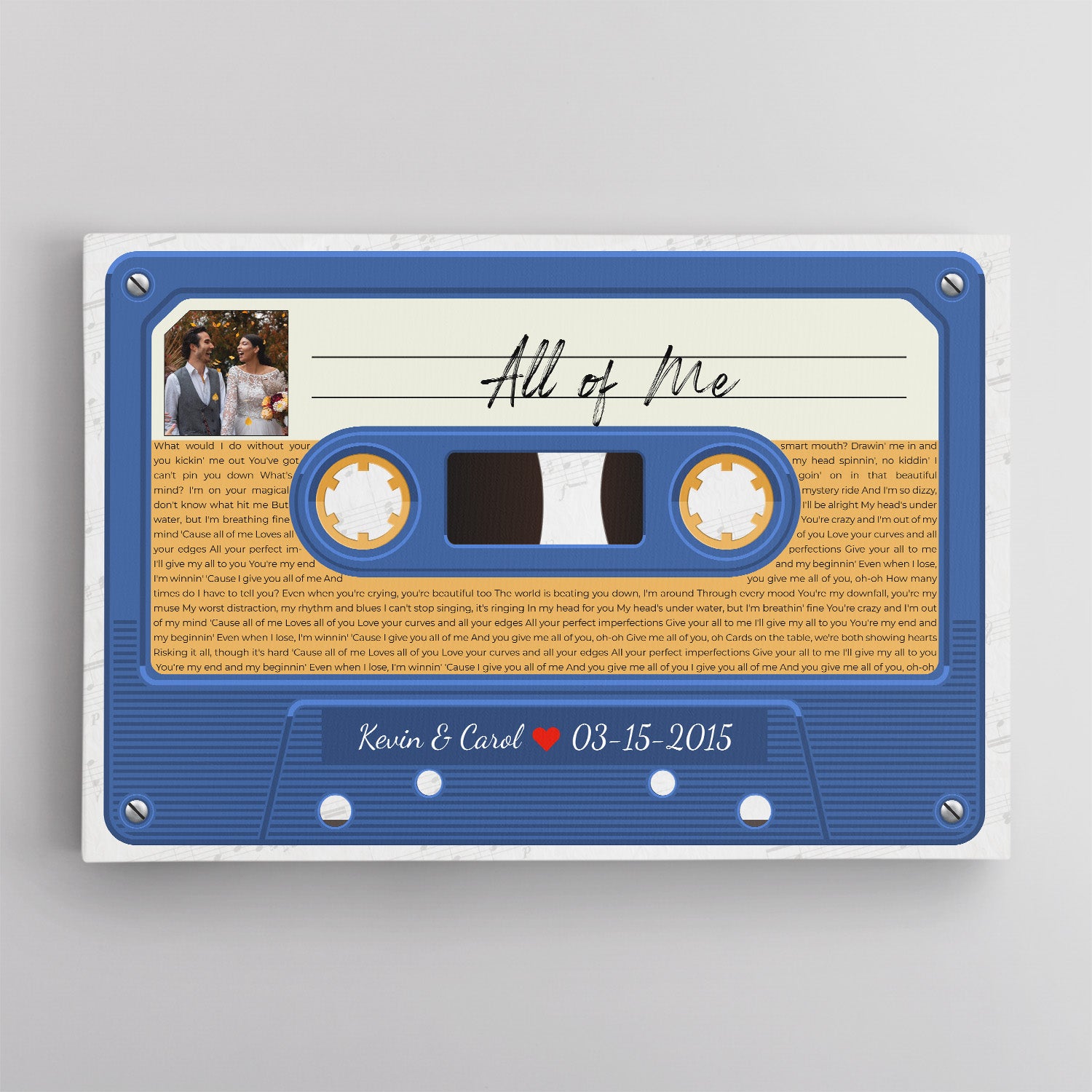 Custom Song Lyrics, Customizable Text And Upload Photo, Blue Cassette Tape Canvas Wall Art