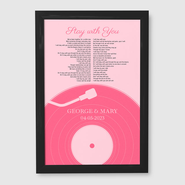 Pastel Pink Vinyl Record Framed Art Print, Customize Song Lyrics & Name