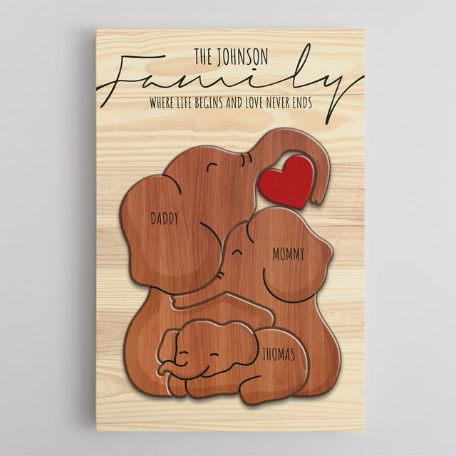 Wooden Elephant Family Puzzle on Canvas, Custom Family Name