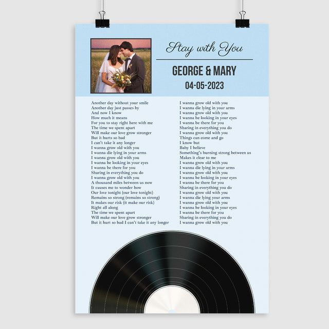 Personalized Favorite Song Lyrics, Ice Blue Framed Art Print with Your Own Photo