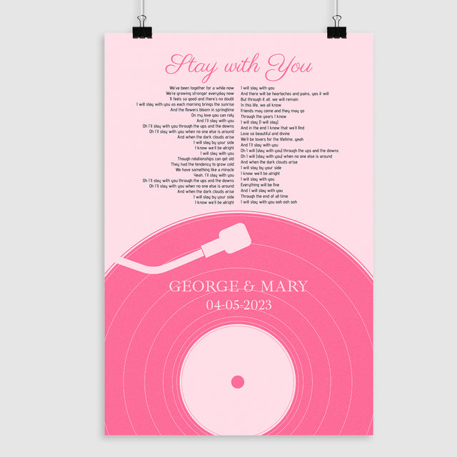 Pastel Pink Vinyl Record Framed Art Print, Customize Song Lyrics & Name