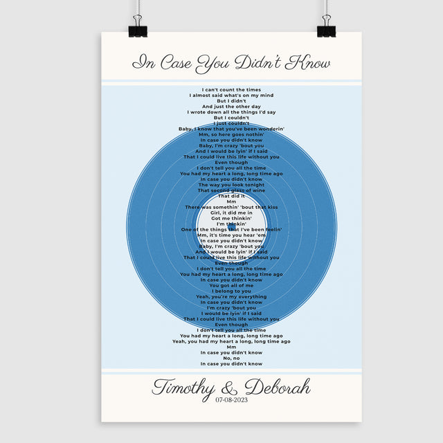 Personalized Frame Song Lyrics With Date, Ice Blue Vinyl Record Framed Art Print