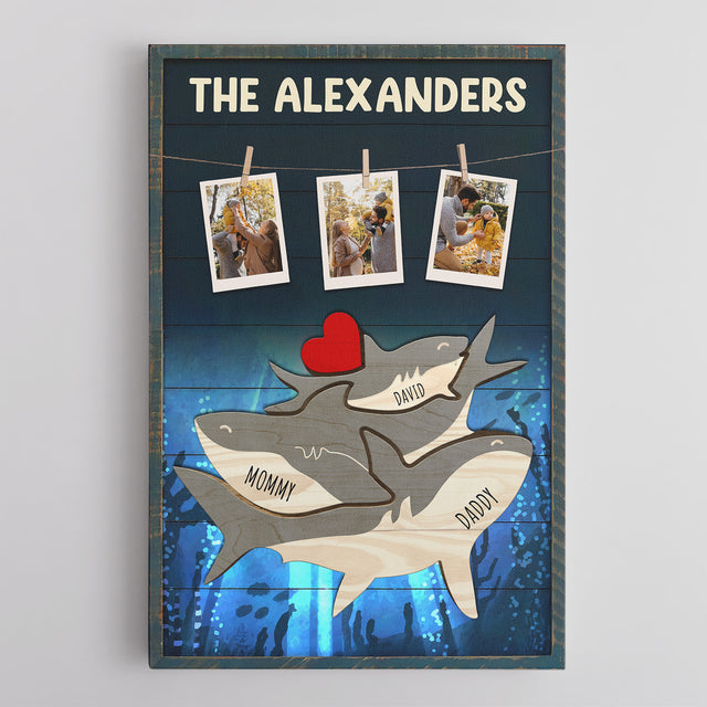 Personalized Shark Galaxy Canvas, Shark Family Puzzle Style, Custom Family Name