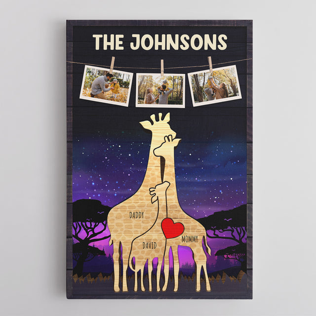 Personalized Giraffe Galaxy Canvas, Giraffe Family Puzzle Style, Custom Family Name