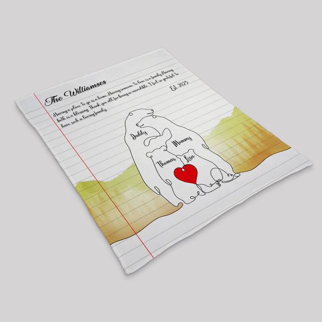 One Line Art Polar Bear Family Puzzle Blanket, Custom Family Name & Date