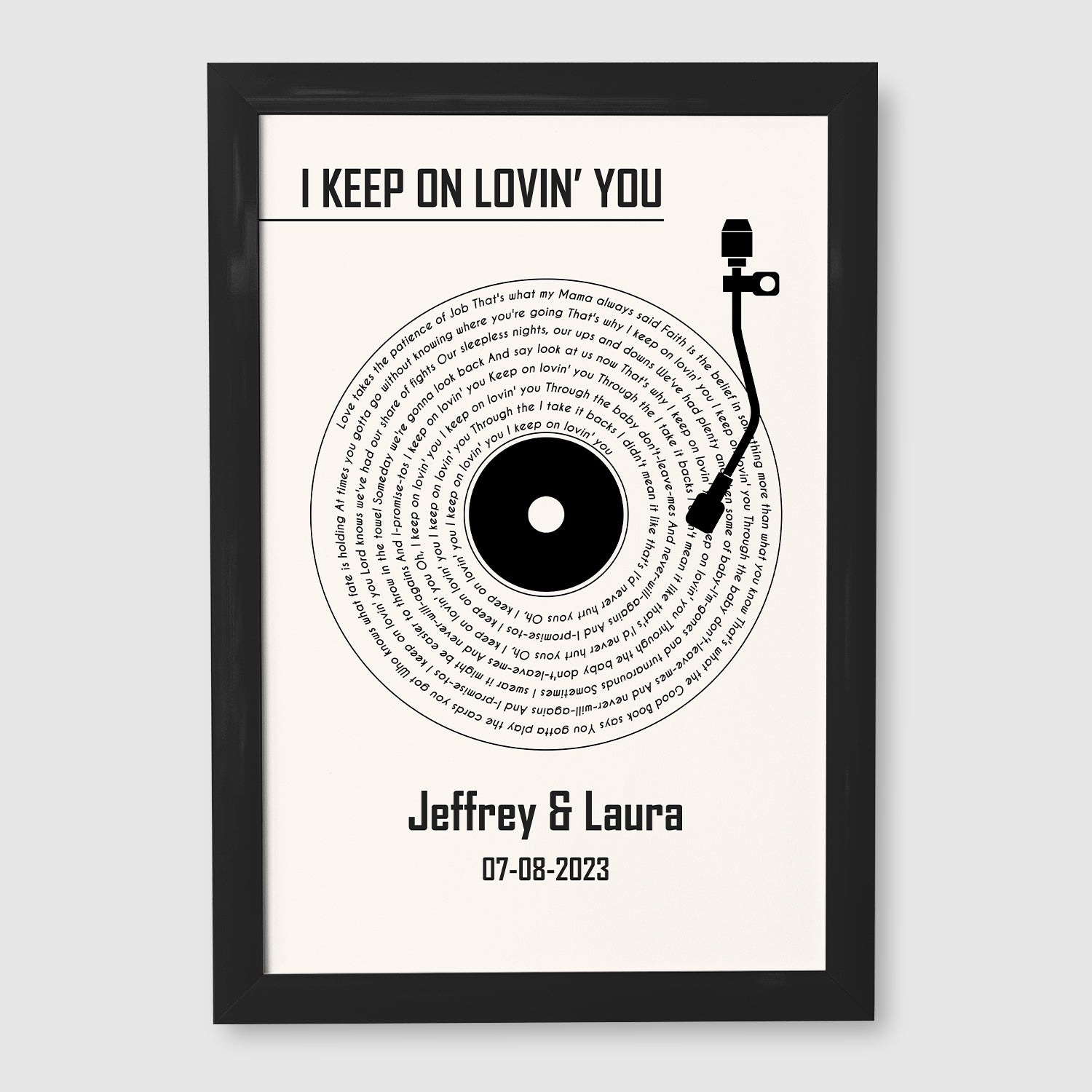 White Vinyl Record Framed Art Print, Custom Name & Song Lyrics