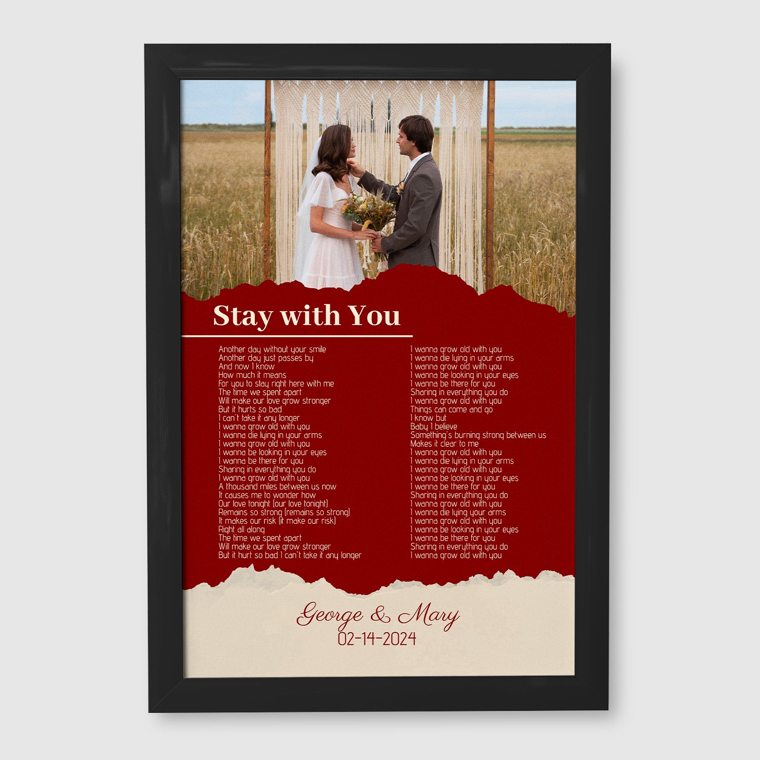 Maroon Framed Art Print, Custom Song Lyrics Name Date
