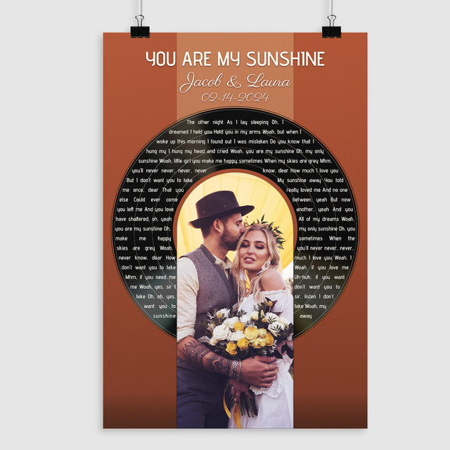 Photo Song Lyrics Vintage Orange Framed Art Print, Custom Song Lyrics Name Date