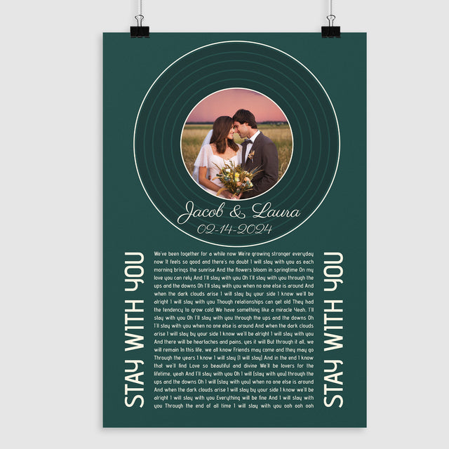 Forest Green Circular Photo Framed Art Print, Custom Song Lyrics Name Date