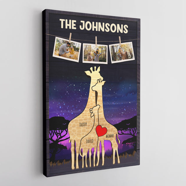 Personalized Giraffe Galaxy Canvas, Giraffe Family Puzzle Style, Custom Family Name