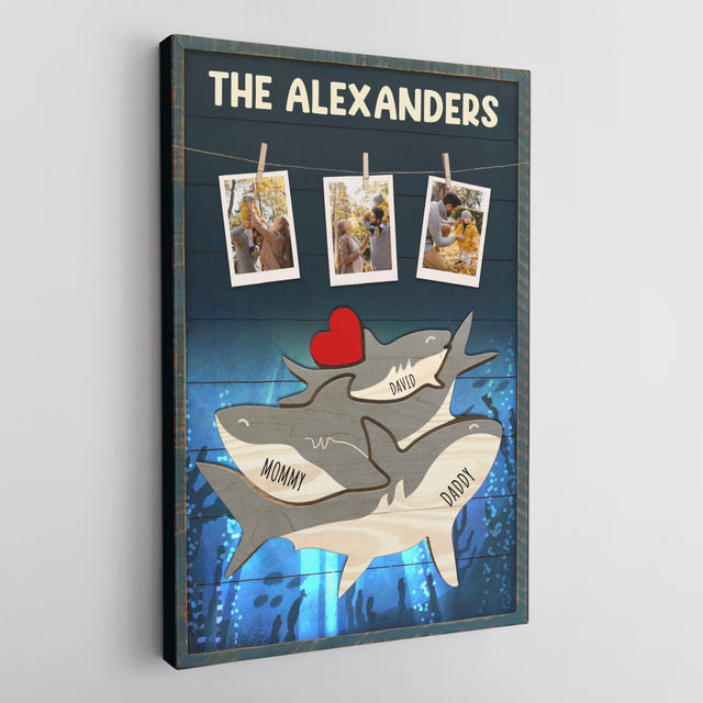 Personalized Shark Galaxy Canvas, Shark Family Puzzle Style, Custom Family Name