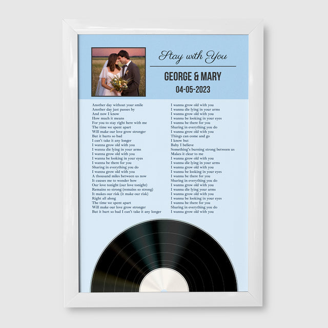 Personalized Favorite Song Lyrics, Ice Blue Framed Art Print with Your Own Photo