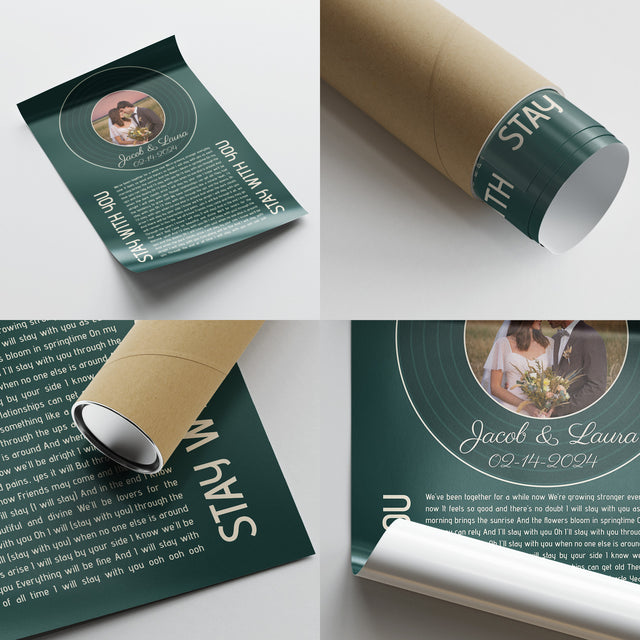 Forest Green Circular Photo Framed Art Print, Custom Song Lyrics Name Date