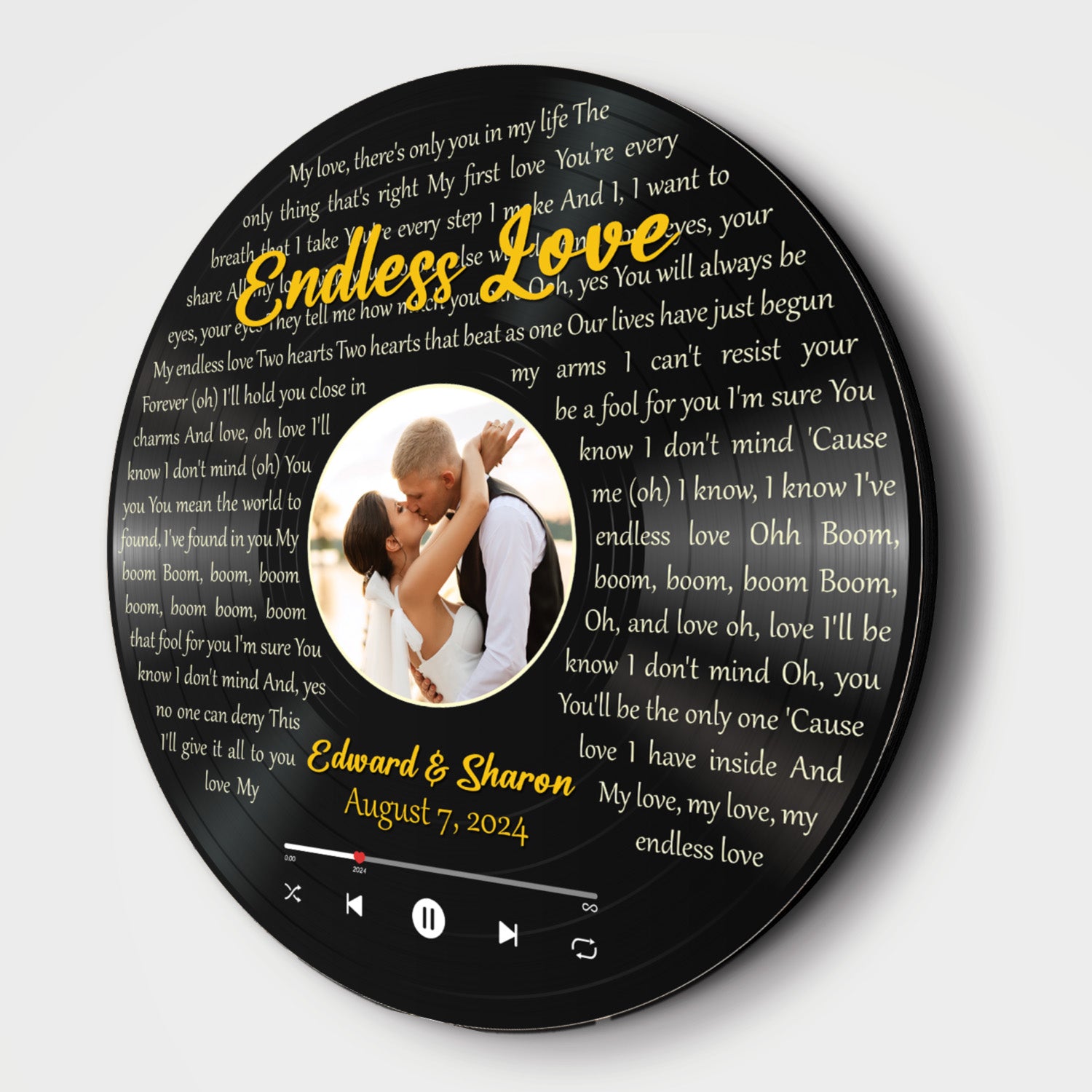 Personalized Wedding Song Lyrics and Photo Vinyl Record Round Wood Sign