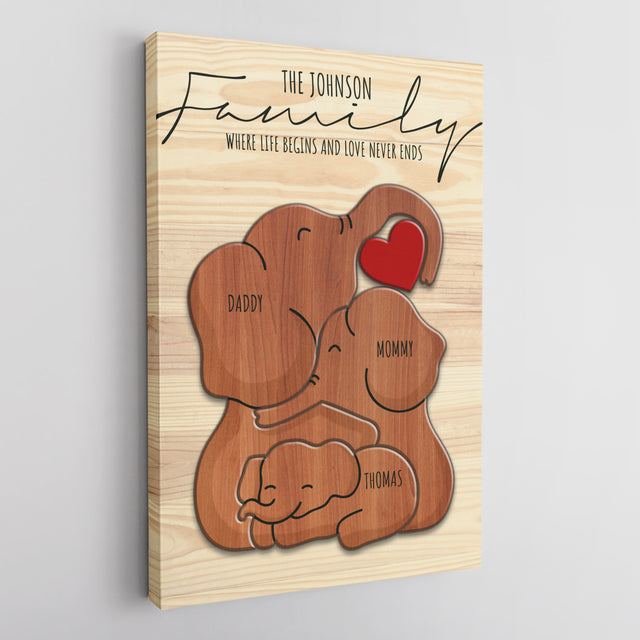 Wooden Elephant Family Puzzle on Canvas, Custom Family Name