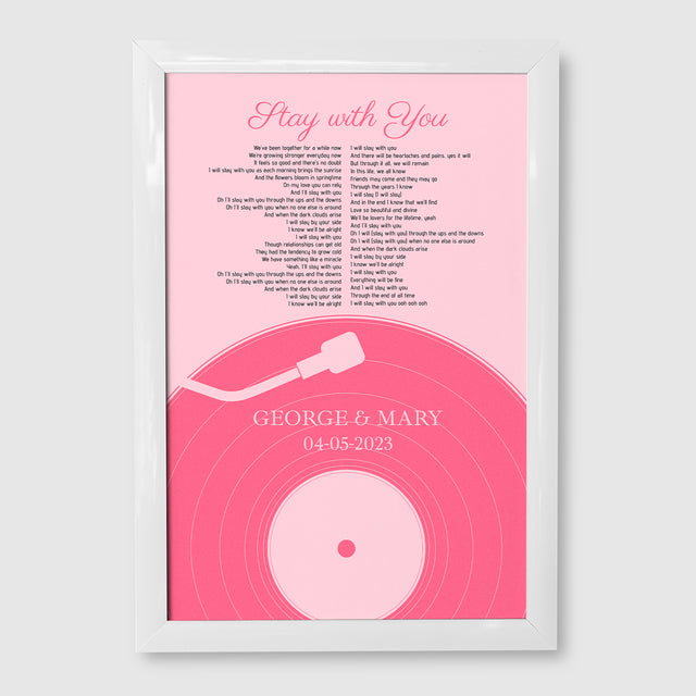 Pastel Pink Vinyl Record Framed Art Print, Customize Song Lyrics & Name