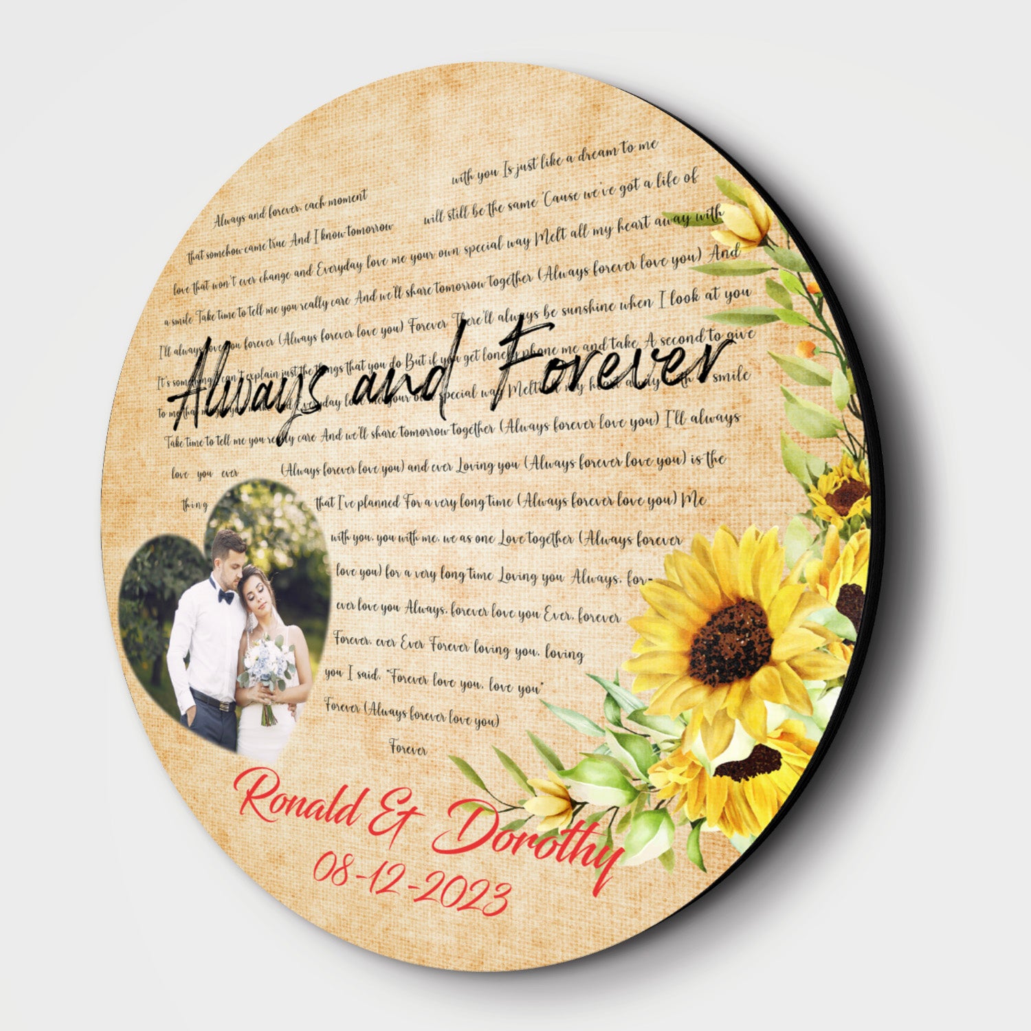 Custom Song Lyrics, Upload Photo, Heart Shape, Customizable Song Name And Text Round Wood Sign