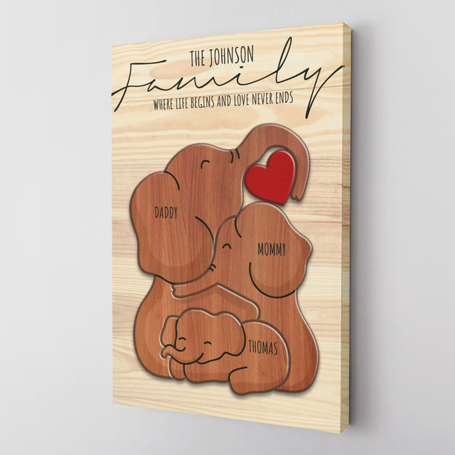 Wooden Elephant Family Puzzle on Canvas, Custom Family Name