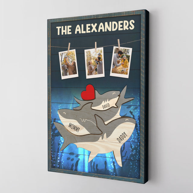 Personalized Shark Galaxy Canvas, Shark Family Puzzle Style, Custom Family Name
