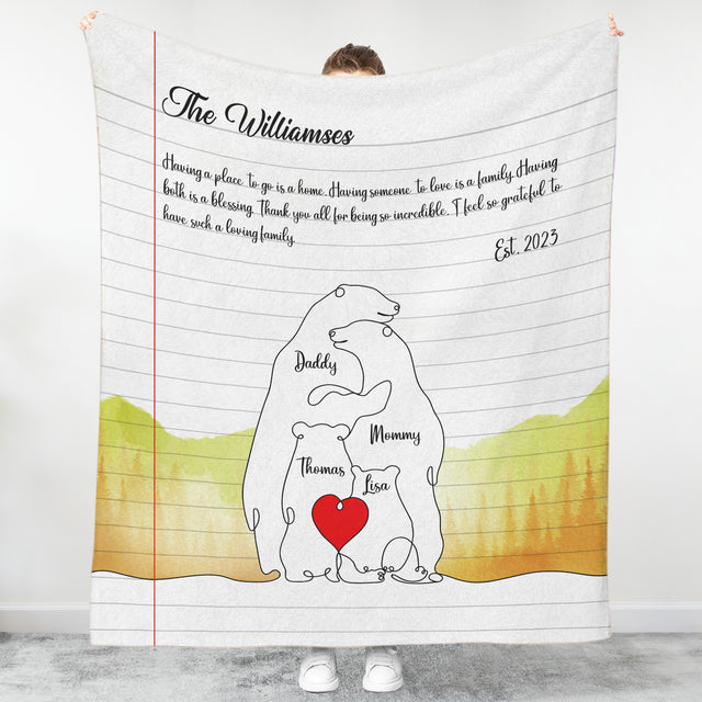 One Line Art Polar Bear Family Puzzle Blanket, Custom Family Name & Date