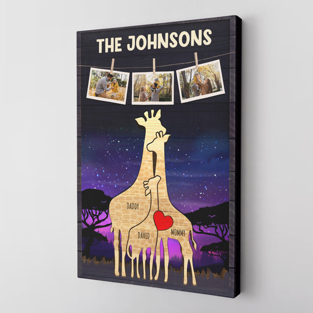Personalized Giraffe Galaxy Canvas, Giraffe Family Puzzle Style, Custom Family Name