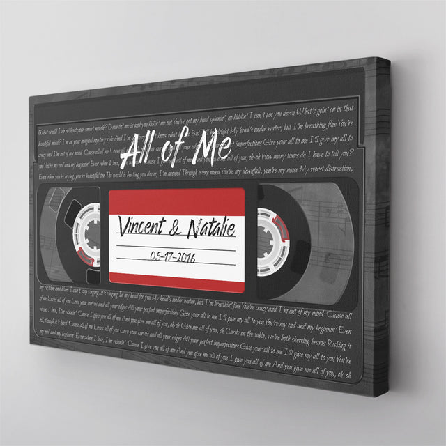 Custom Song Lyrics, Customizable Name, Date, Song Name VHS Tape Canvas Wall Art