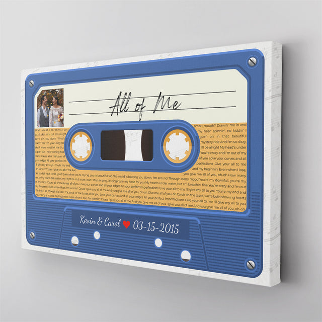 Custom Song Lyrics, Customizable Text And Upload Photo, Blue Cassette Tape Canvas Wall Art