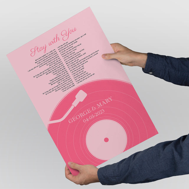 Pastel Pink Vinyl Record Framed Art Print, Customize Song Lyrics & Name