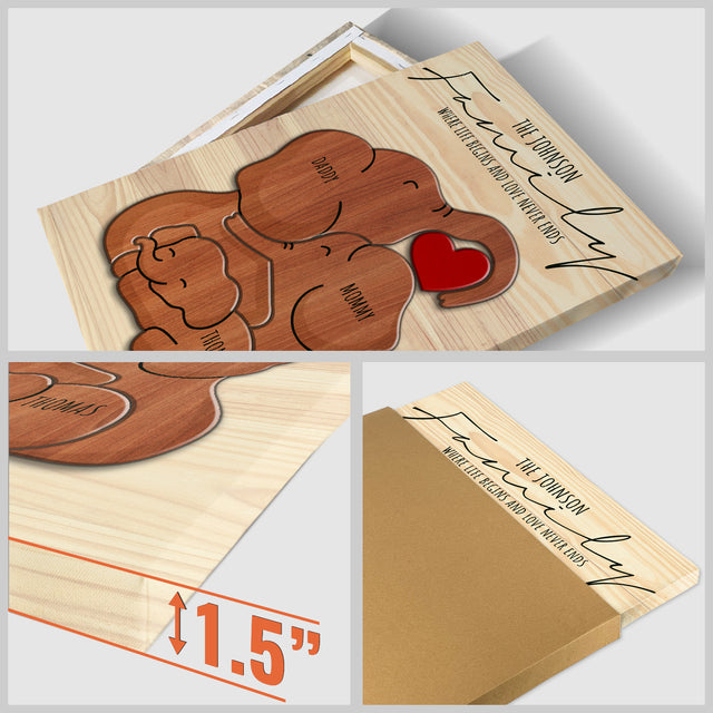 Wooden Elephant Family Puzzle on Canvas, Custom Family Name