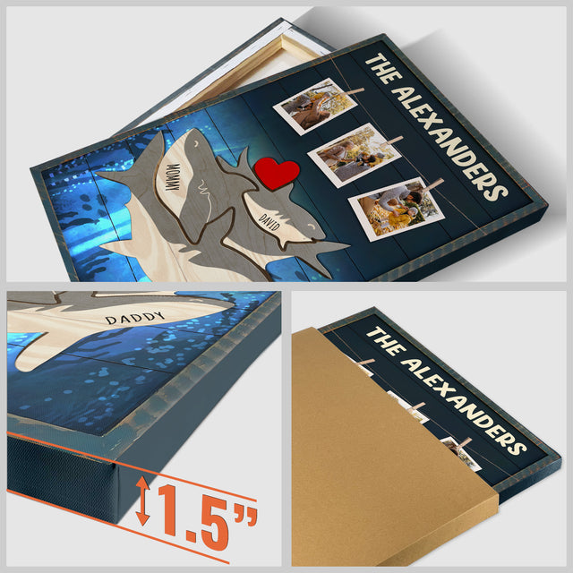 Personalized Shark Galaxy Canvas, Shark Family Puzzle Style, Custom Family Name