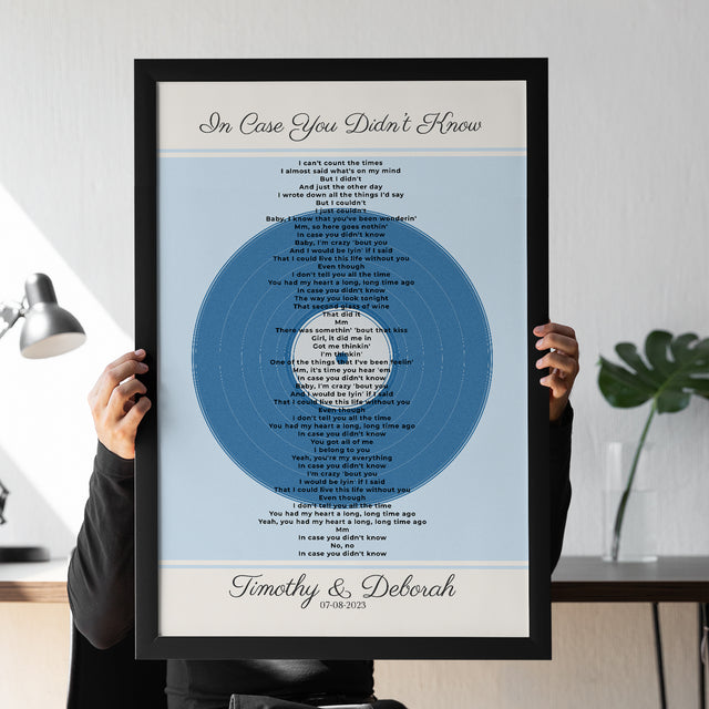 Personalized Frame Song Lyrics With Date, Ice Blue Vinyl Record Framed Art Print