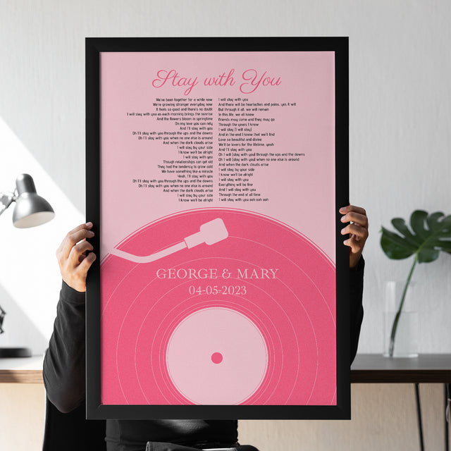 Pastel Pink Vinyl Record Framed Art Print, Customize Song Lyrics & Name