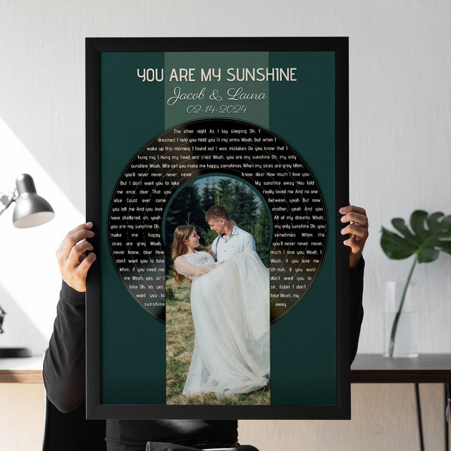 Photo Song Lyrics Vintage Green Framed Art Print, Custom Song Lyrics Name Date