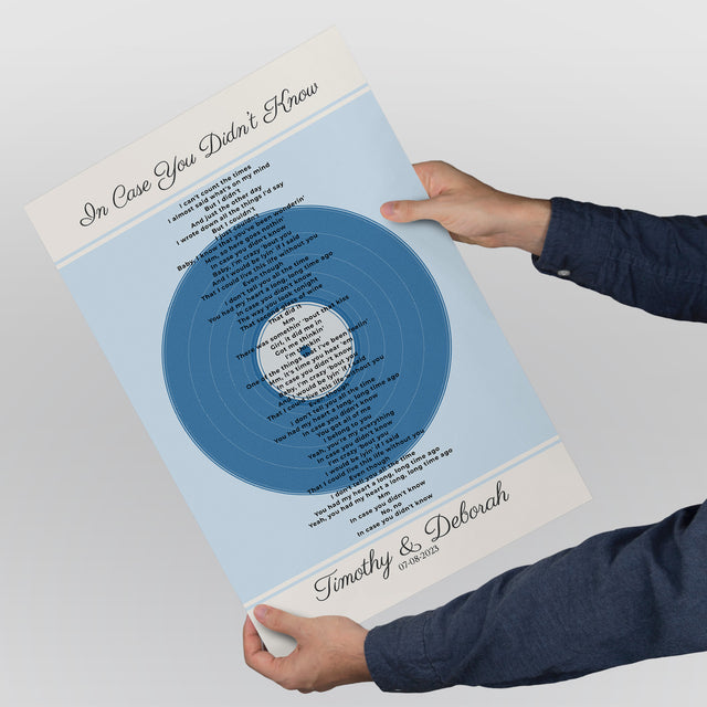 Personalized Frame Song Lyrics With Date, Ice Blue Vinyl Record Framed Art Print
