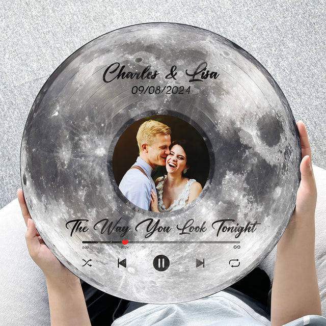 Custom Favorite Song Photo Round Wood Sign Moon Planet Background