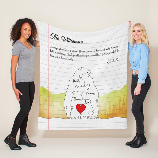 One Line Art Polar Bear Family Puzzle Blanket, Custom Family Name & Date