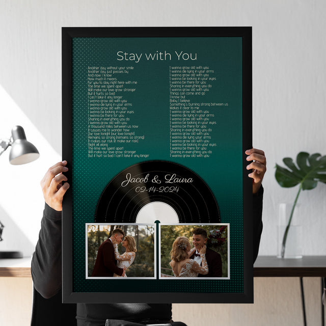 Personalized Photo Song Lyrics & Name, Retro Green Vinyl Record Framed Art Print