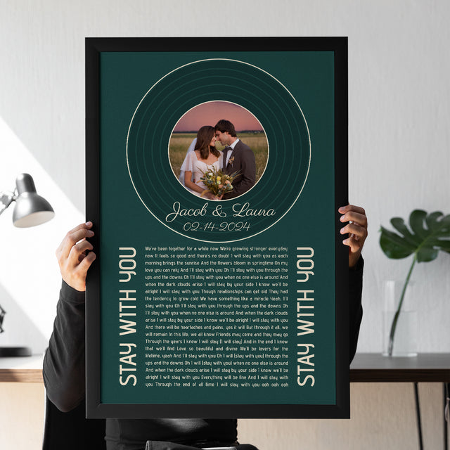 Forest Green Circular Photo Framed Art Print, Custom Song Lyrics Name Date