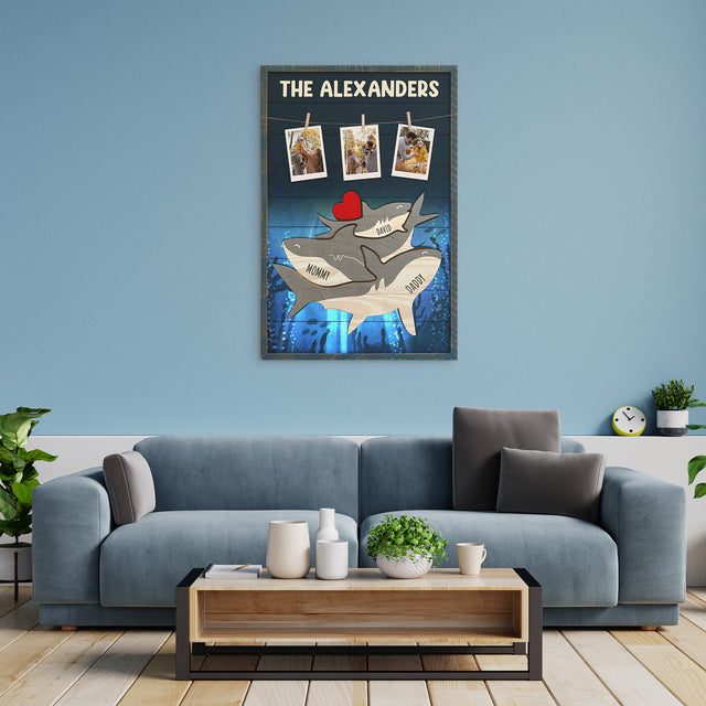 Personalized Shark Galaxy Canvas, Shark Family Puzzle Style, Custom Family Name